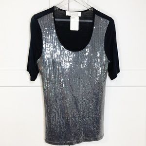 Badgley Mischka American Glamour Black Mesh Shirt Short Sleeve Tee NEW